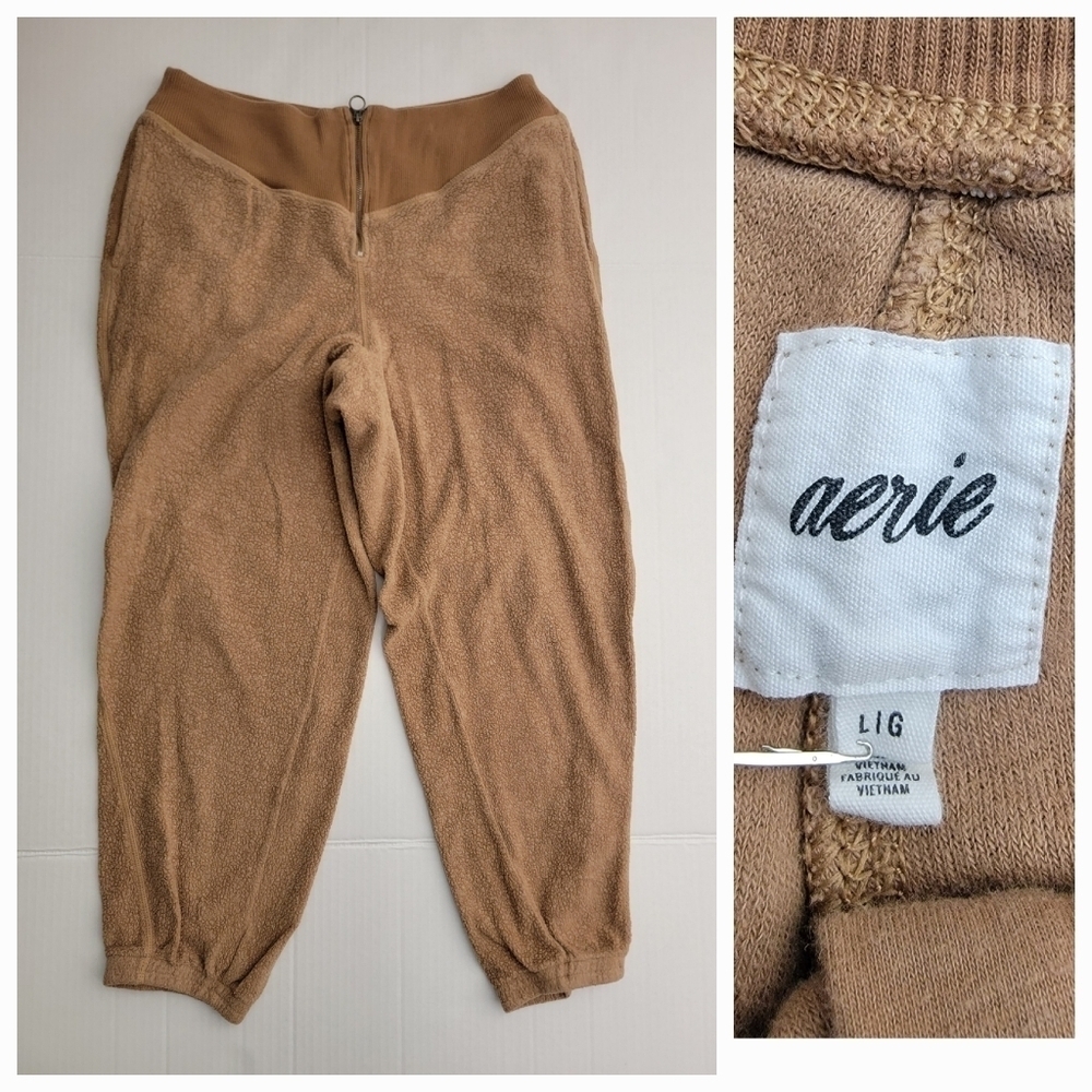 Aerie Jogger Sweatpants Large Front Zip Fleece Tan